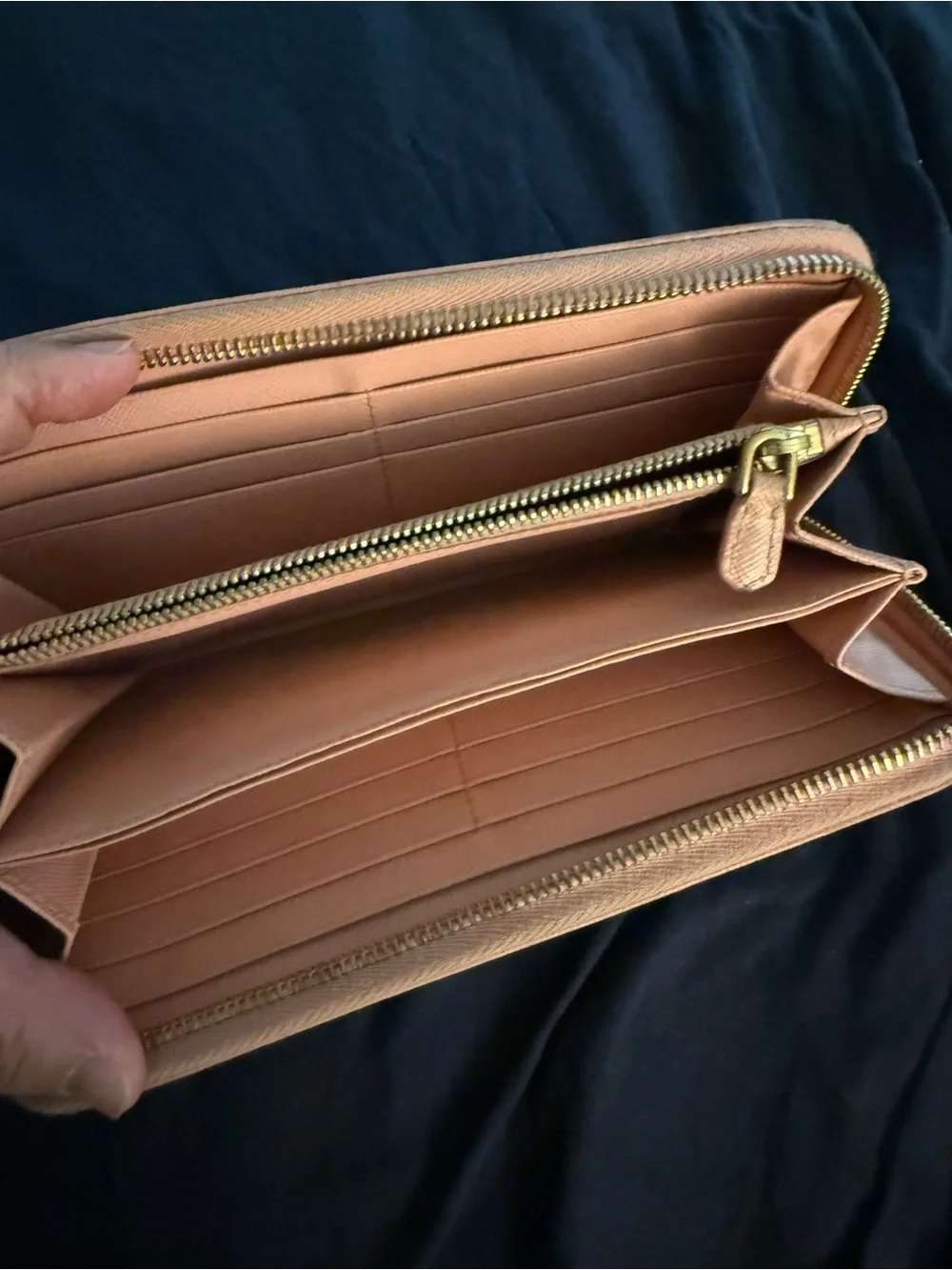 Prada Bow Zip-Around Wallet in Pale Peach with Gold Logo